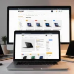 MacBook Pro M4 sits on a minimalist desk with Dell Inspiron and HP EliteBook and a 24-inch monitor showing an Amazon cart