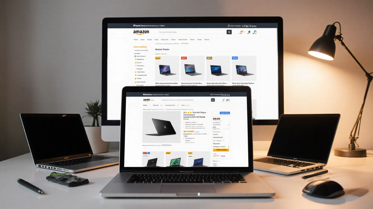 MacBook Pro M4 sits on a minimalist desk with Dell Inspiron and HP EliteBook and a 24-inch monitor showing an Amazon cart