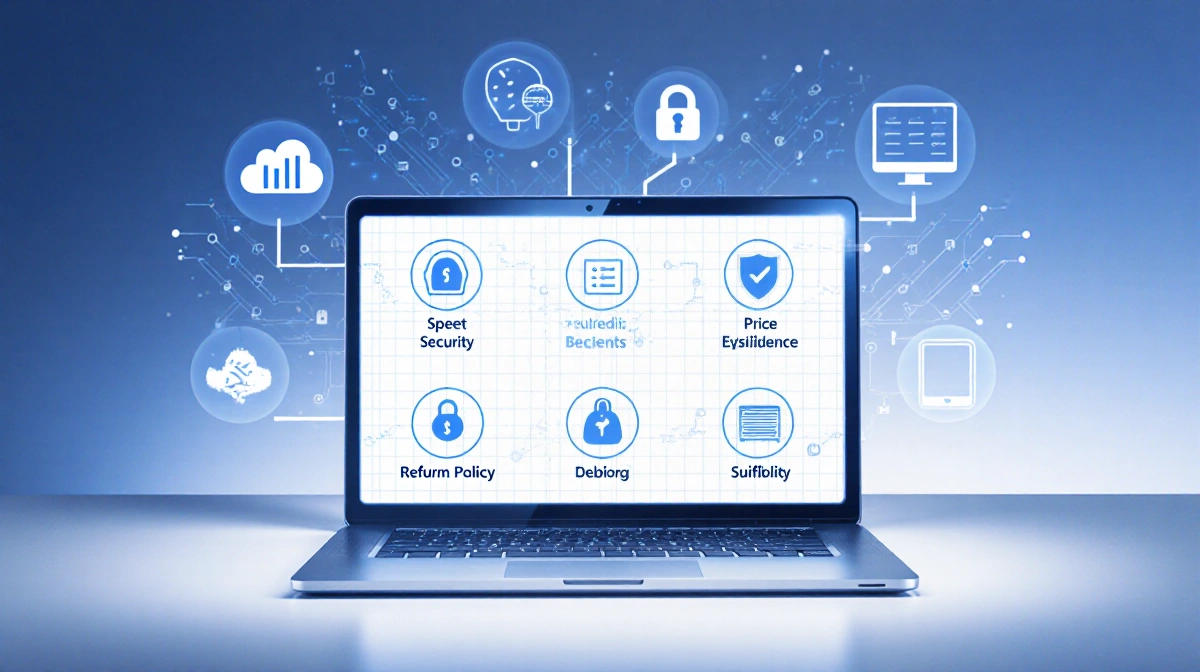 Laptop screen showing VPN evaluation icons and metrics with soft blue and white and faint network diagram background.