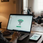 Person sitting at laptop with improving WiFi signal while phone shows weak connection and messy living room beyond door