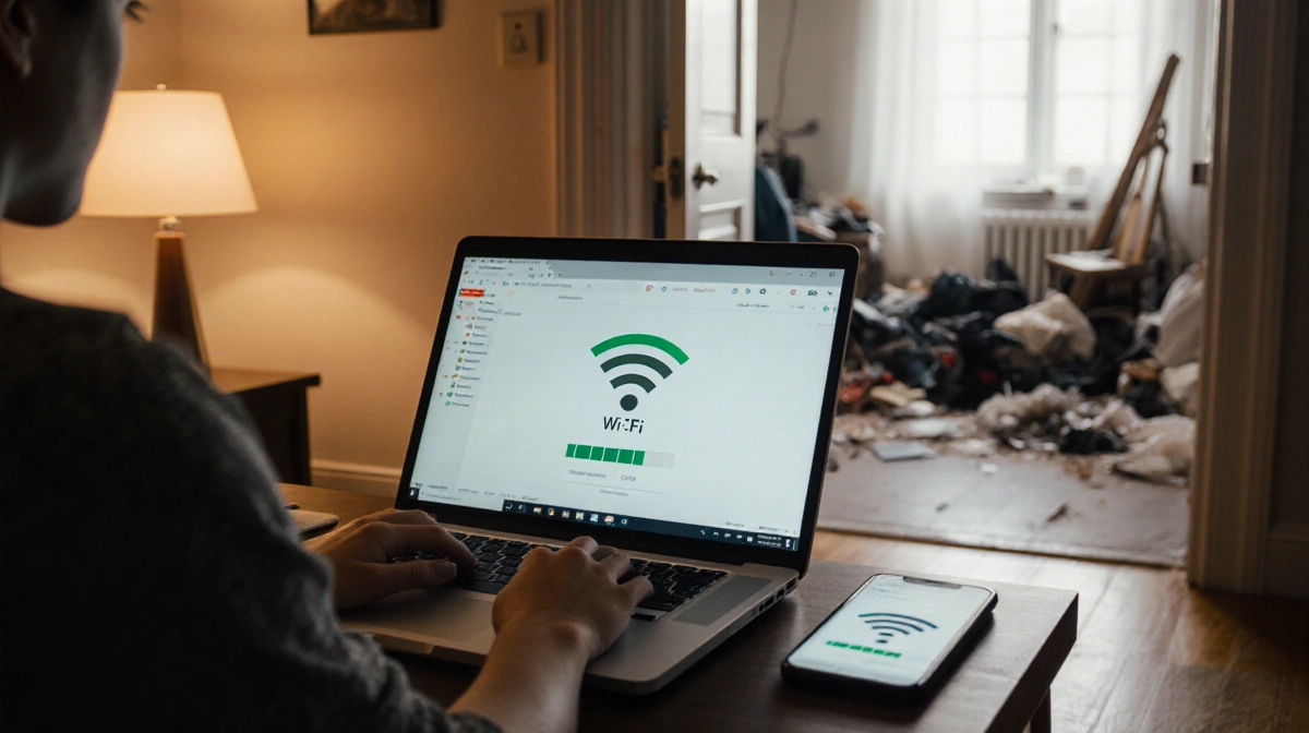 Person sitting at laptop with improving WiFi signal while phone shows weak connection and messy living room beyond door