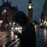 A lone figure walking down a wet neon-lit city street with a glowing smartphone and a clock tower at 2 AM