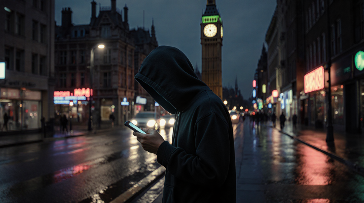A lone figure walking down a wet neon-lit city street with a glowing smartphone and a clock tower at 2 AM