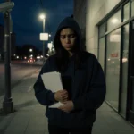 Young Latina woman stands before medical building door with folder and surveillance cameras overhead