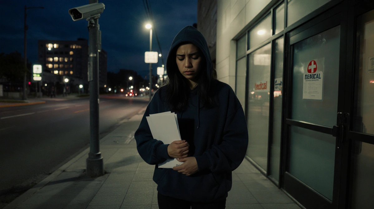 Young Latina woman stands before medical building door with folder and surveillance cameras overhead