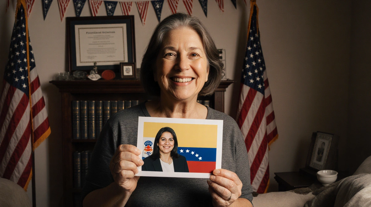 Laura Boscan holding a Venezuelan photo with patriotic flags and engineering books in a warmly lit hopeful home