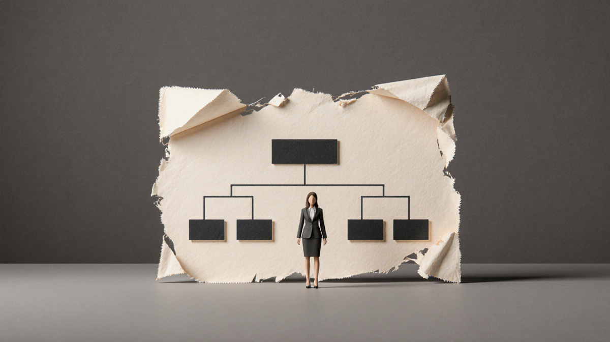 Person standing before a chart being stripped away with torn edges and crumpled paper symbolizing layoffs and AI strategy