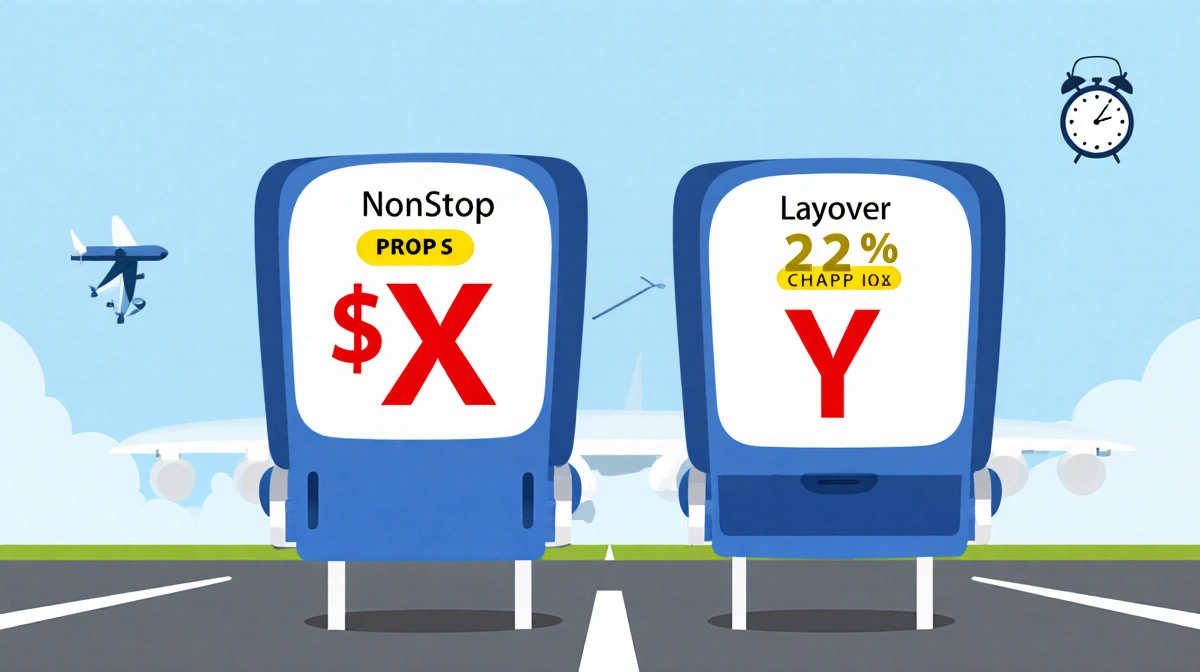 Two airplane seats side by side on a runway show price comparison with a red highlight for savings layover 22% cheaper
