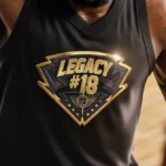 LeBron James playing basketball with Legacy #18 commemorative jersey patch showing gold metallic lettering