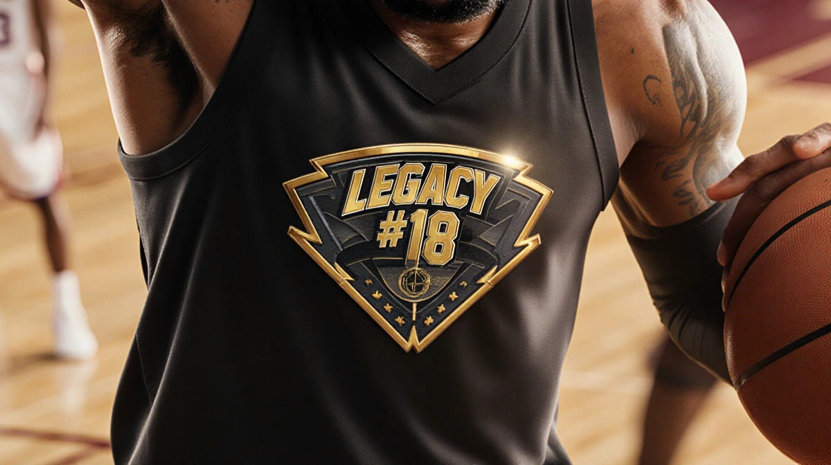 LeBron James playing basketball with Legacy #18 commemorative jersey patch showing gold metallic lettering
