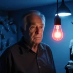 Person standing with red LED bulb hanging above and a DIY toolbox and discarded bulbs in background showing frustration.