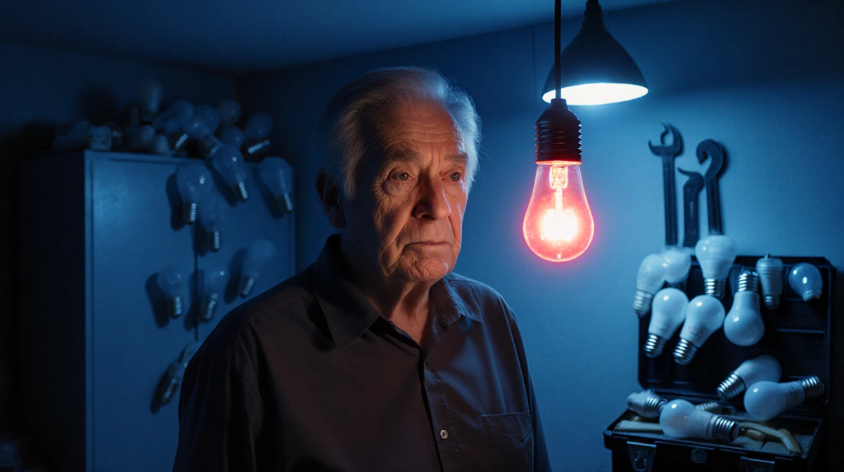 Person standing with red LED bulb hanging above and a DIY toolbox and discarded bulbs in background showing frustration.