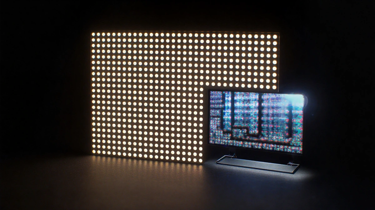 Miniature LED panel emitting bright and dim spots with a Hisense QD7 TV model nearby showing improved contrast