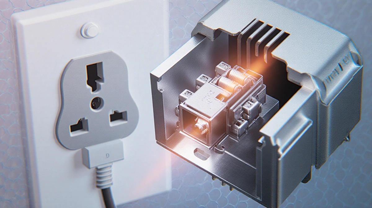 LED driver exposing soldered contacts with aluminum heat sink and faint AC socket in background