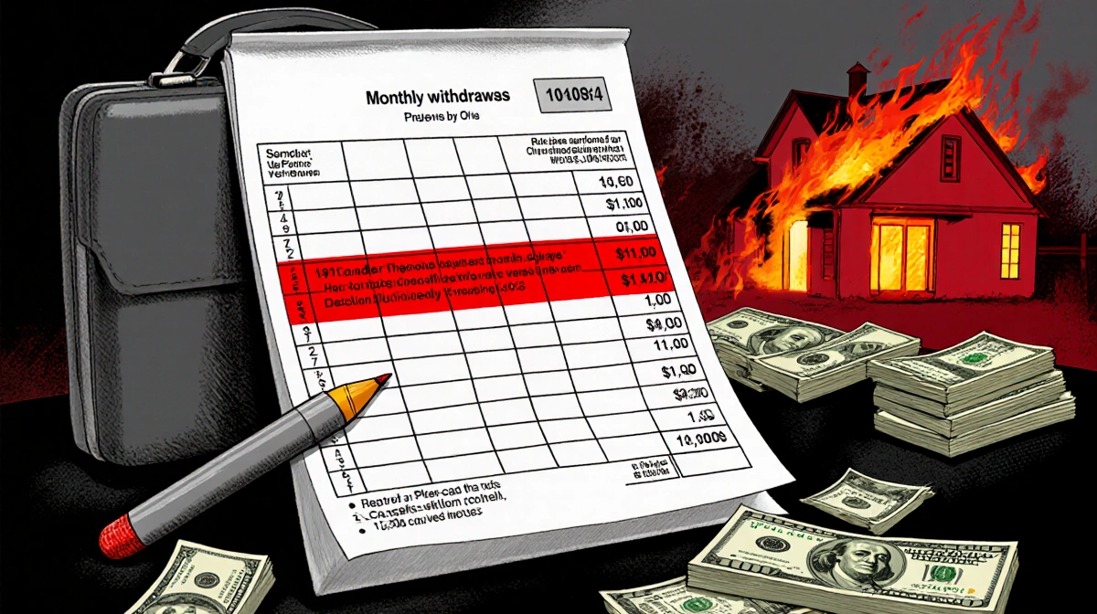 Ledger showing $11,000 withdrawals highlighted by red pen with flames behind houses and cash on desk
