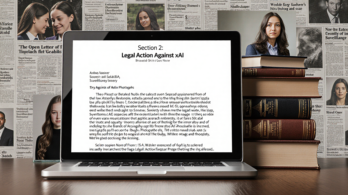 Tablet shows attorneys general letter with stack of law books and newspaper headlines about AI safety