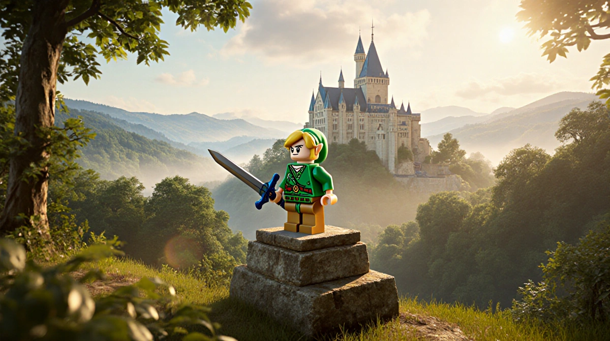 Lego Link figure stands ready with Master Sword and shield atop stone pedestal with Hyrule Castle rising behind forest hills