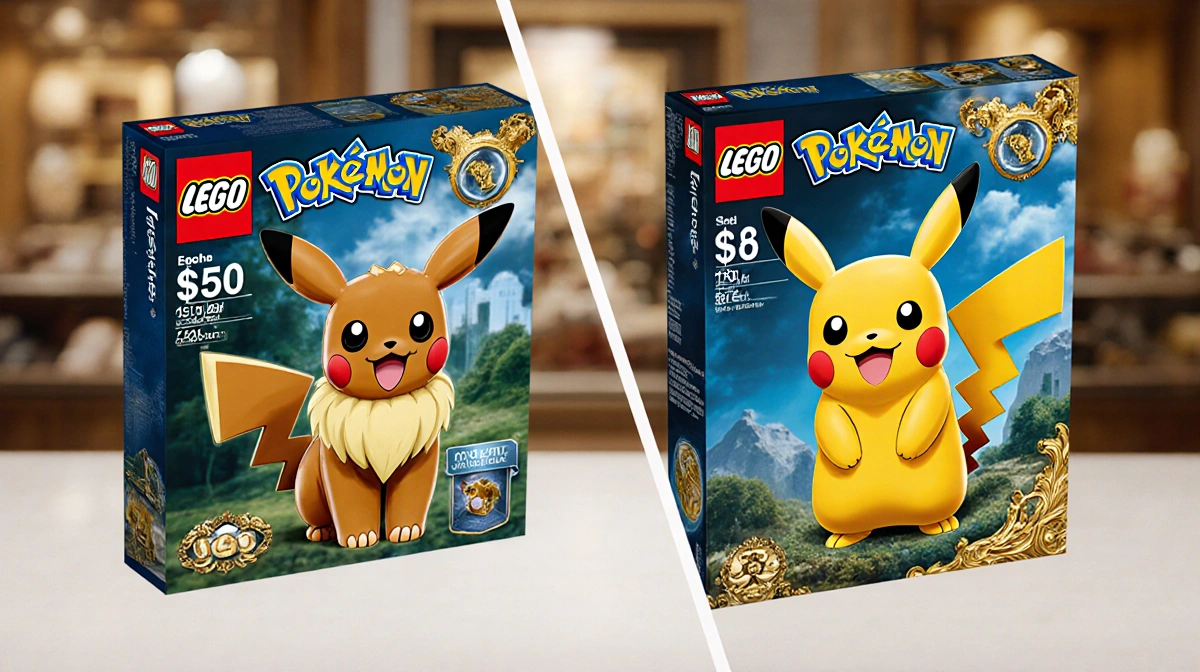 Split-screen Lego boxes showing Eevee and Pikachu sets with price tags highlighting the shocking cost difference
