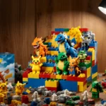 Colorful Lego Pokémon sets fill display case with Pikachu and Charizard figures on cluttered desk