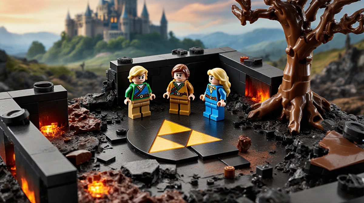 Link Zelda and Ganondorf stand around scorched Triforce base with ruined Hyrule Castle behind