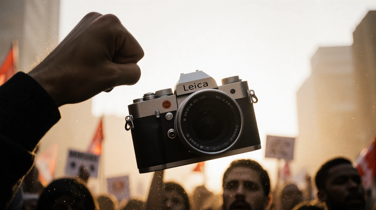 Leica camera flying through air with protester