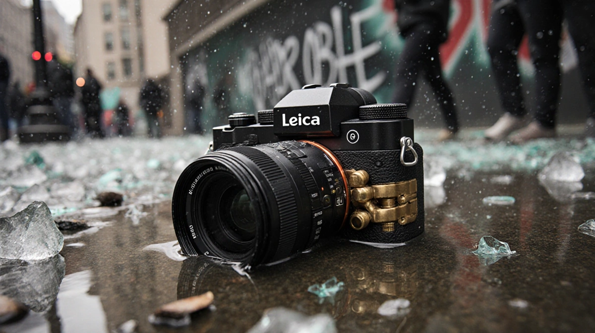 Leica M10 camera lies partially submerged in water with brass components exposed and shattered ice scattered nearby