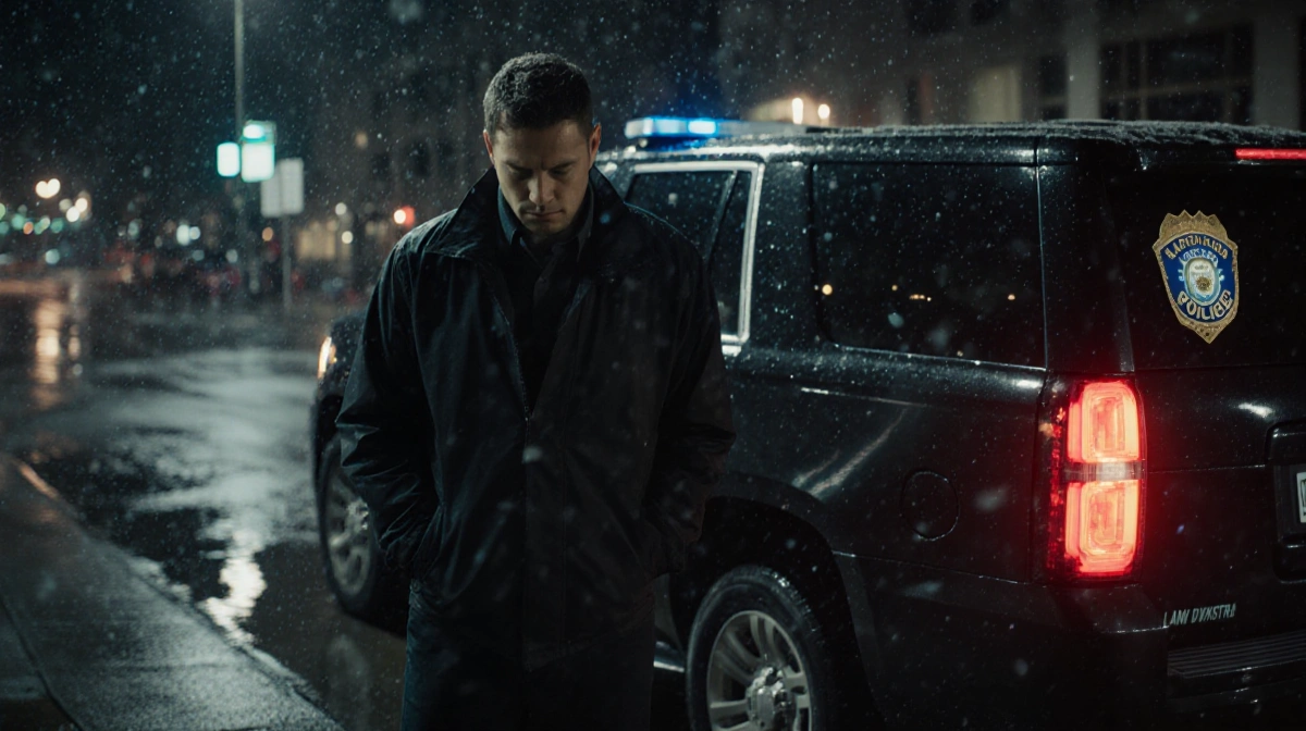 Lenny Dykstra standing beside his car with rain-soaked street and police lights reflecting.