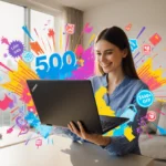 Happy customer holding new Lenovo laptop with $5000 savings graphics and city view behind