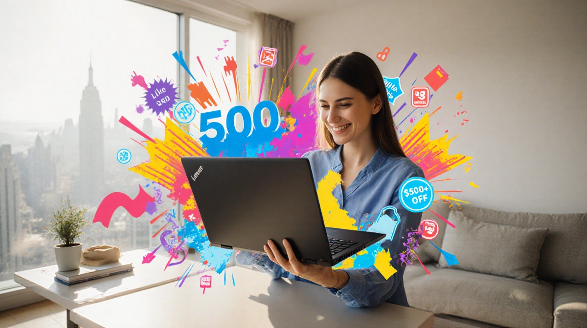 Happy customer holding new Lenovo laptop with $5000 savings graphics and city view behind