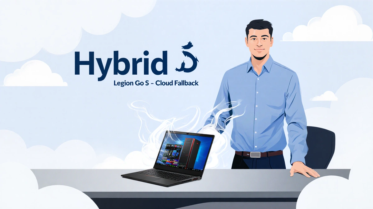 Steve Long stands with Legion Go S gaming laptop showing hybrid cloud gaming with soft vapor clouds and modern typography