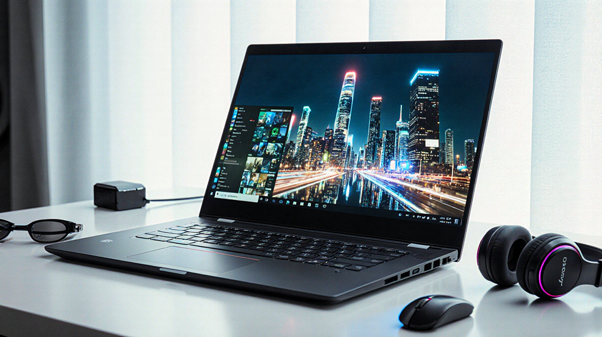 Lenovo Yoga 9i laptop displaying futuristic cityscape with natural light and sleek accessories
