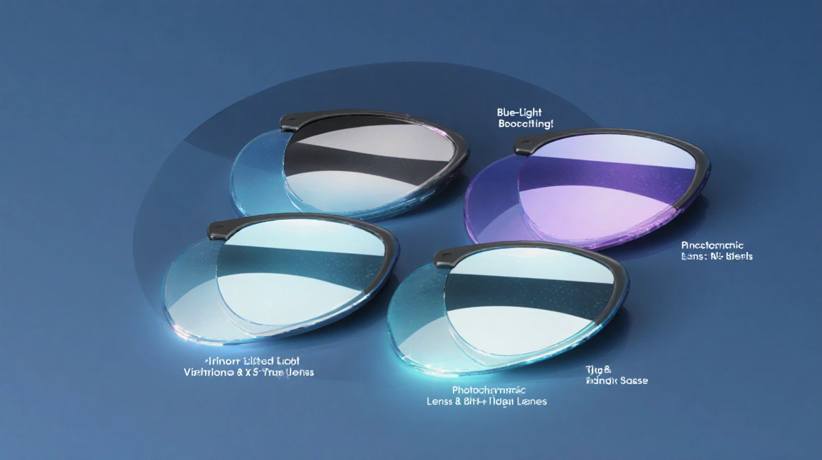 Circular arrangement of eyewear lenses with blue-light blocking and photochromic and high-index highlights and subtle glow