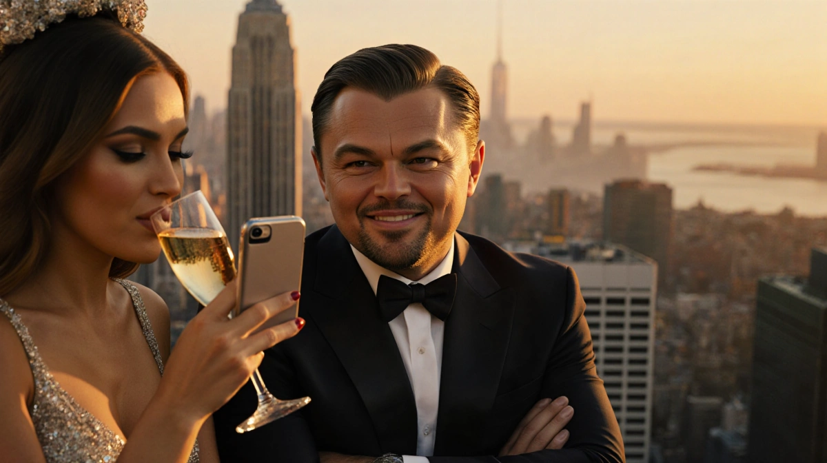Leonardo DiCaprio sitting with crossed arms and subtle smile while his glamorous companion sips champagne and takes selfies w