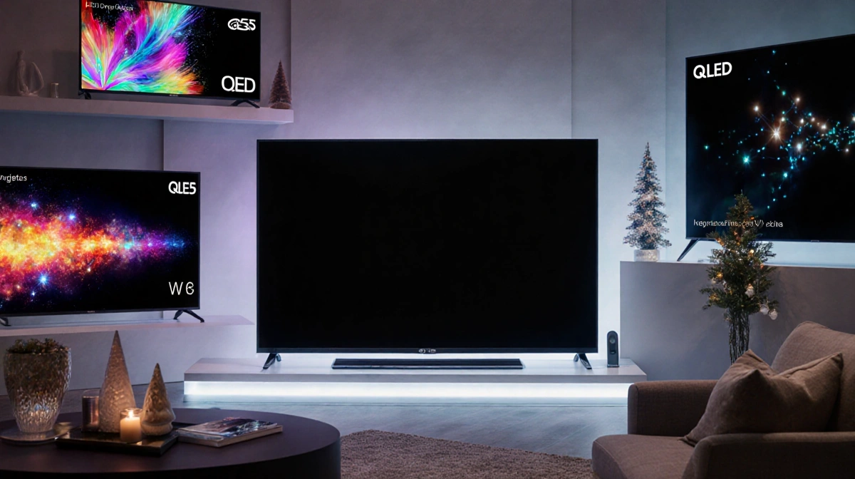 Central LG C5 OLED TV stands with other discounted TVs arranged around it and dim lighting and subtle holiday decor