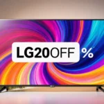 LG TV showing animated promo code with swirling colors and shopping bags nearby
