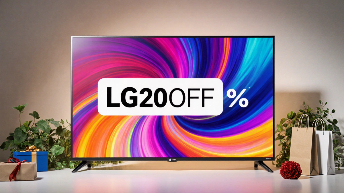 LG TV showing animated promo code with swirling colors and shopping bags nearby
