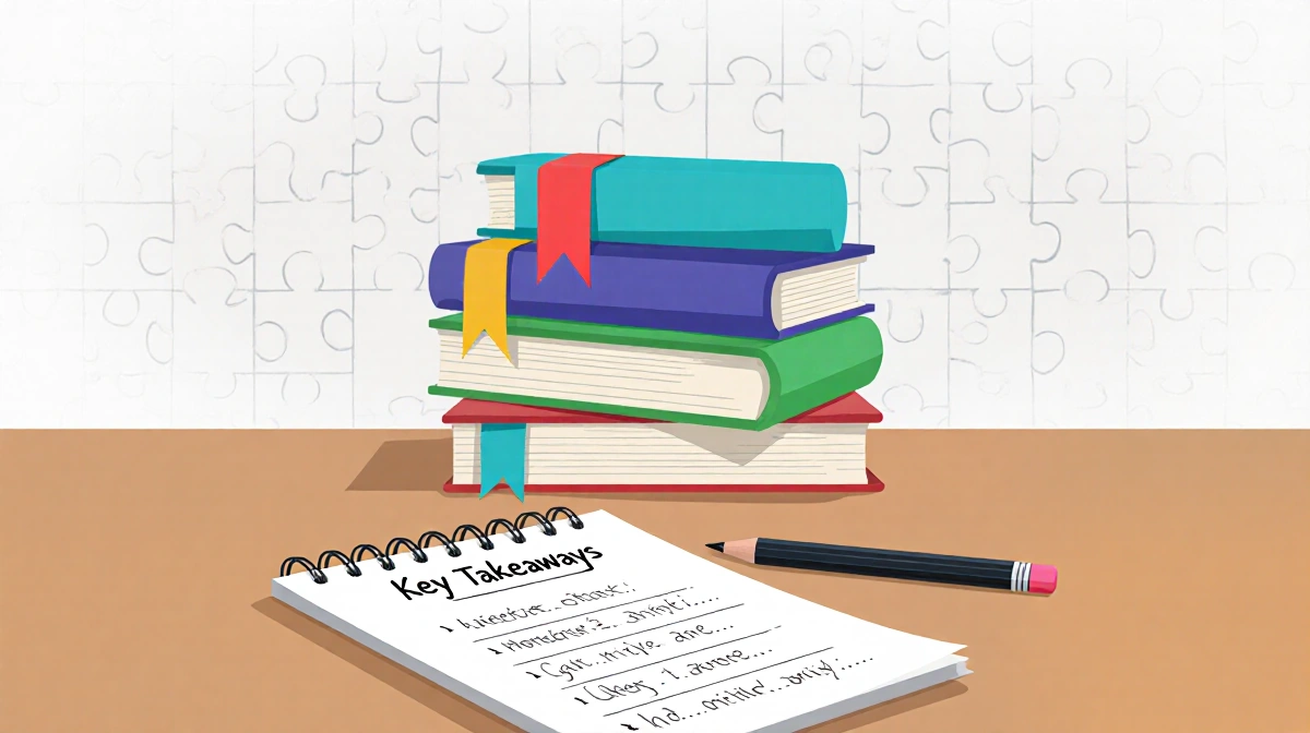 Librarian's desk displays four books with ribbons and a notebook with pencil notes on a puzzle background.