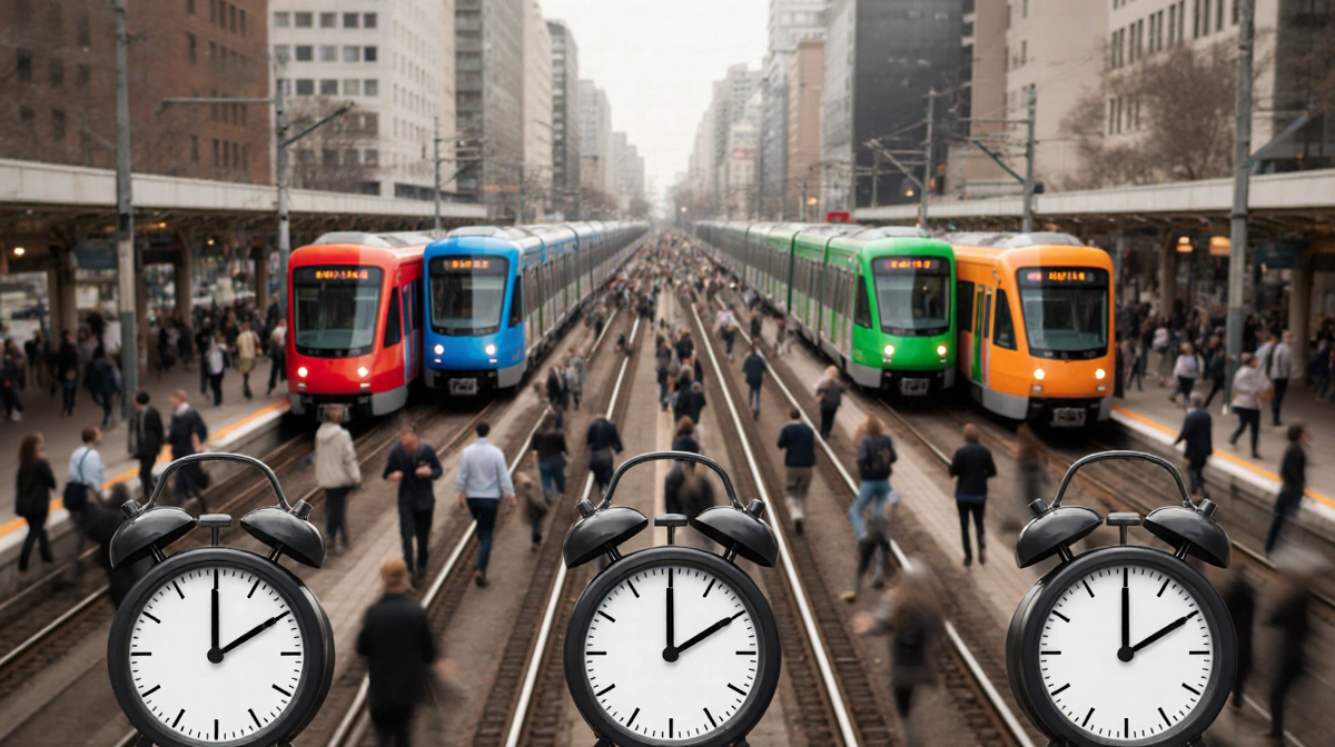 Four colored light-rail trains arriving at station tracks with countdown timers showing 20-minute headways and busy commuters