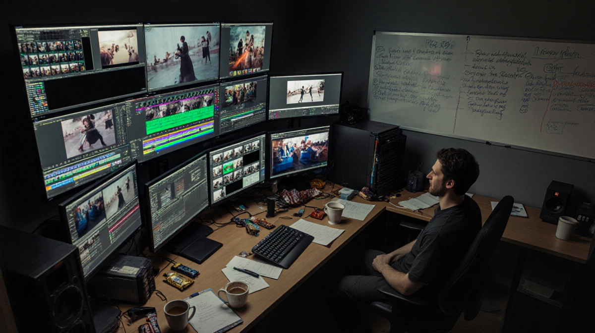 Editor Wiatt cutting documentary footage on multiple screens with coffee cups and notes scattered across the workspace