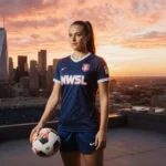 Lindsey Heaps stands on Denver rooftop with soccer ball and NWSL jersey as sunset glows behind her