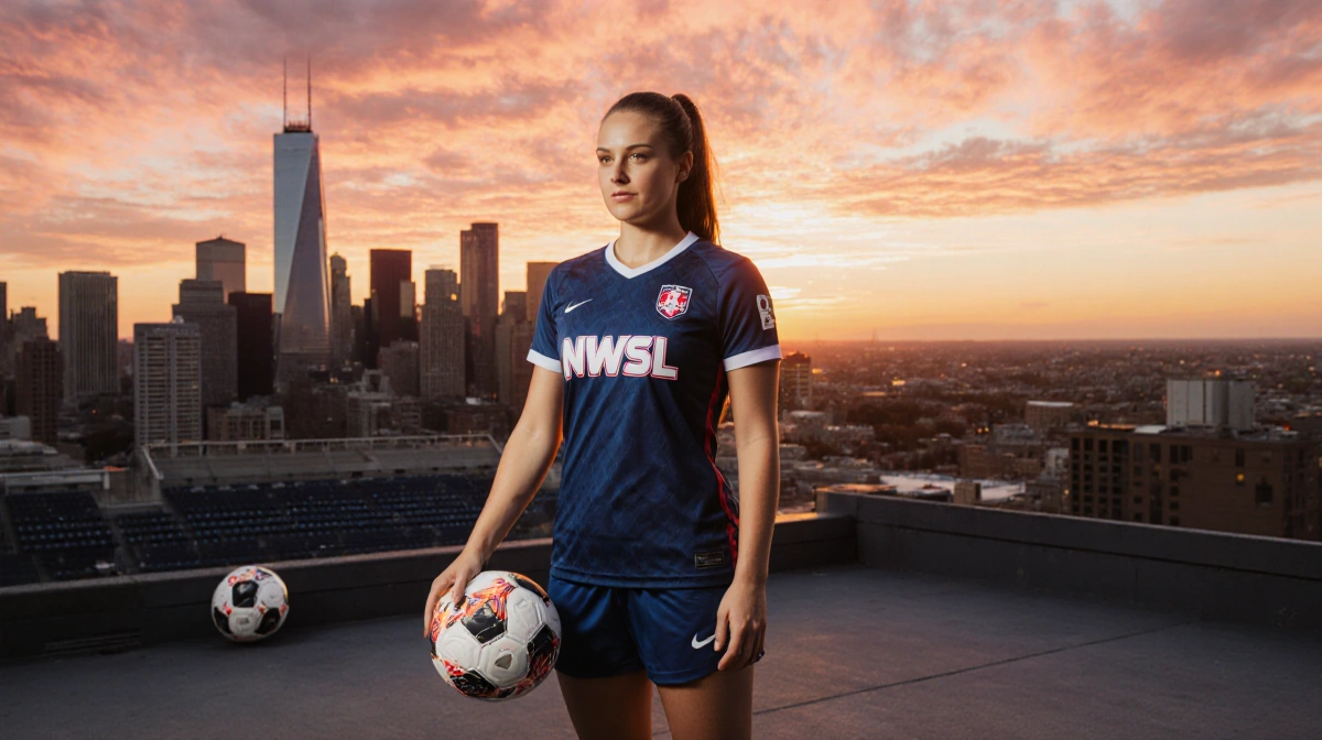 Lindsey Heaps stands on Denver rooftop with soccer ball and NWSL jersey as sunset glows behind her