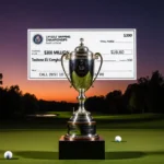 LIV Golf championship trophy gleaming on pedestal with $30 million check and lush course in background