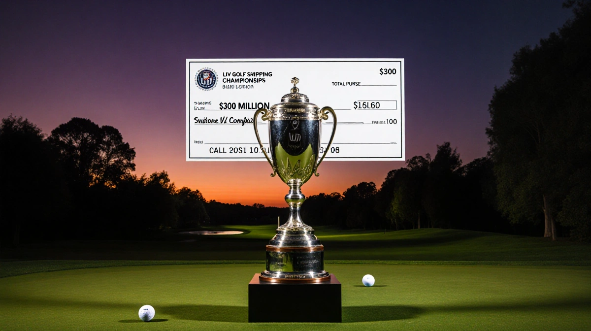 LIV Golf championship trophy gleaming on pedestal with $30 million check and lush course in background