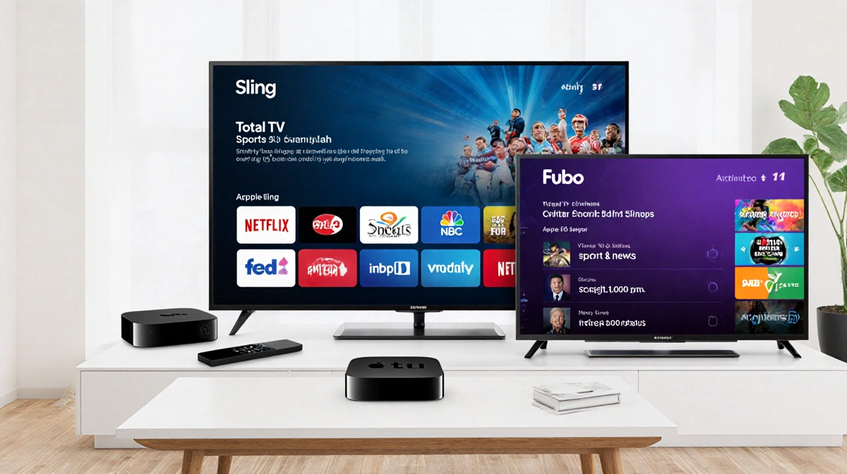 Living room with three TVs showing Sling Total TV live TV and Fubo Sports Apple TV 4K near a cable box