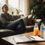 Person sits on couch with open page and water bottles on coffee table sunlight streaming through window greenery in backgroun