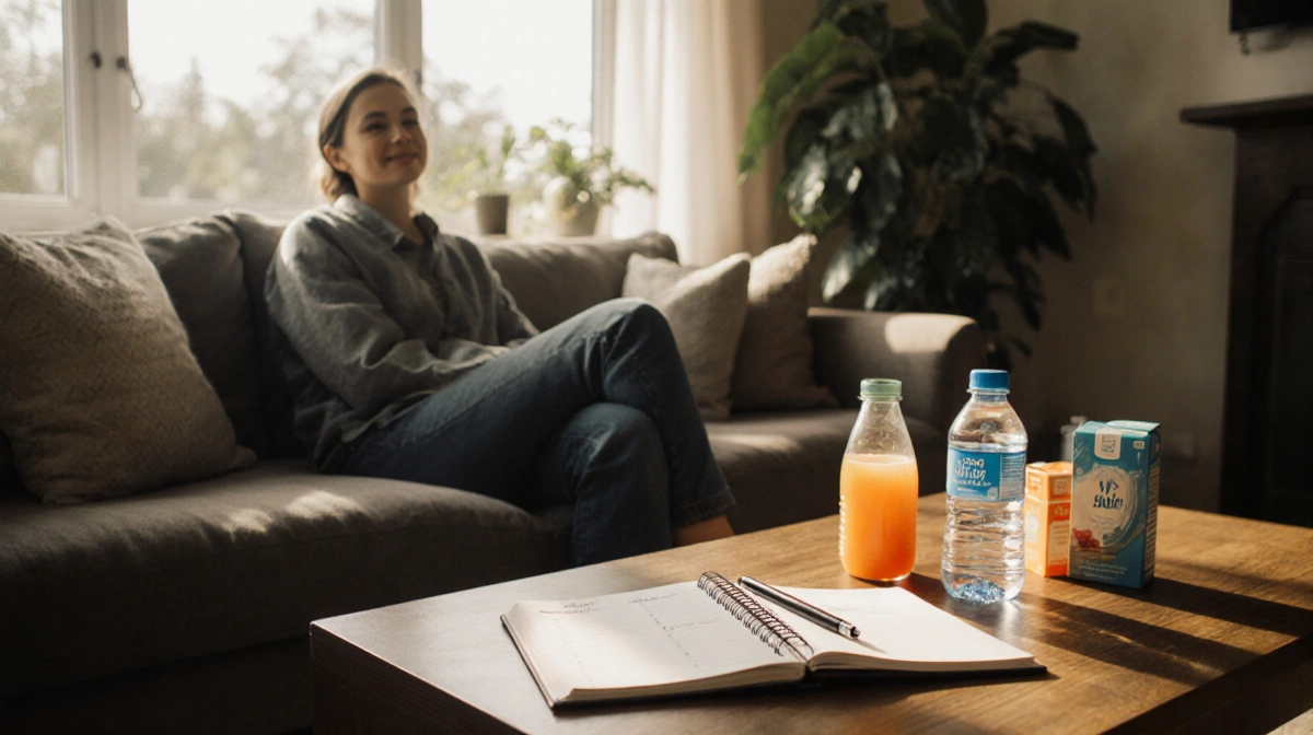 Person sits on couch with open page and water bottles on coffee table sunlight streaming through window greenery in backgroun