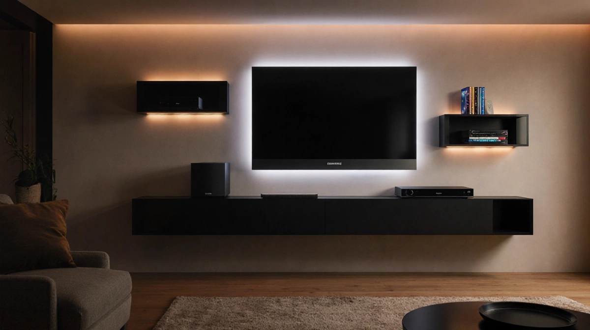 Living room displays a 55-inch Samsung TV with warm lighting and black shelves with soundbar