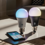 Smart bulbs illuminate living room with soft blue light and Apple Home app open on tablet