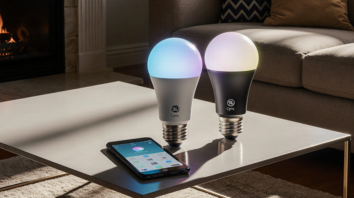 Smart bulbs illuminate living room with soft blue light and Apple Home app open on tablet