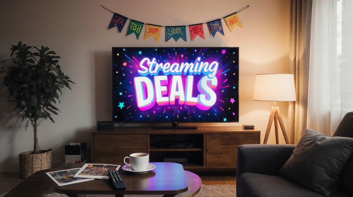 TV screen showing streaming deals with banner and coffee cup on side table.
